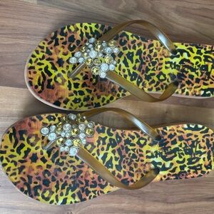 Leopard Print Flip Flops with Rhinestone Embellishments